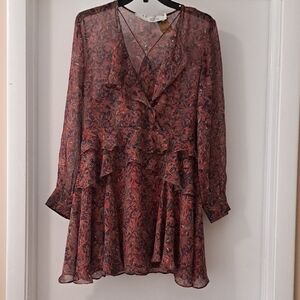 IRO Paris Orange & Black Leaf Print Silk Short Dress  Sz36 EUC